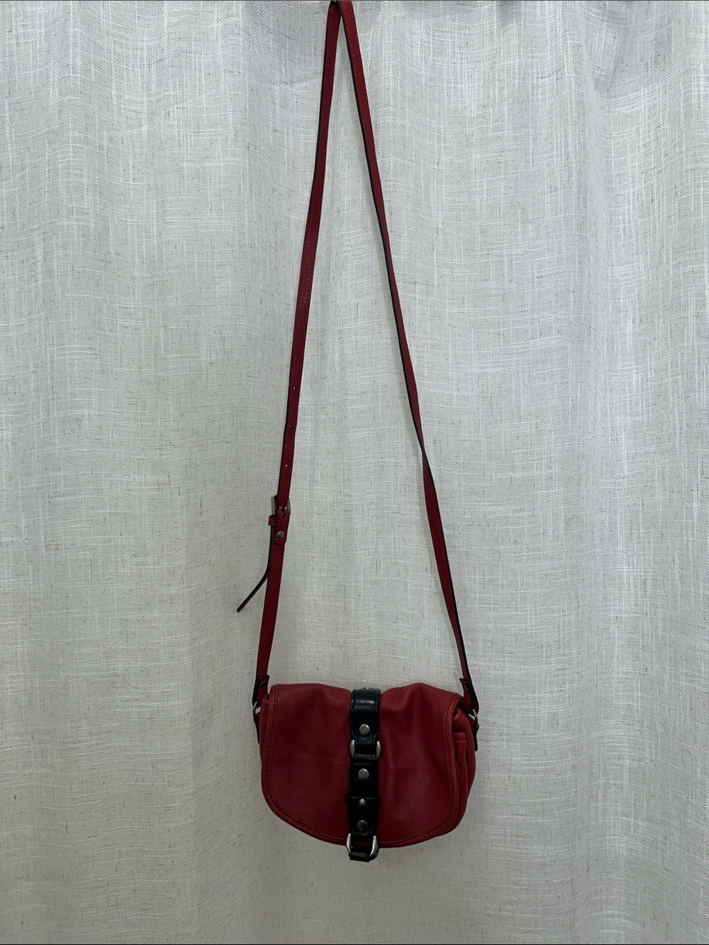 Beracamy Paris Red Leather Crossbody Saddle Bag with Black Studded Strap Detail